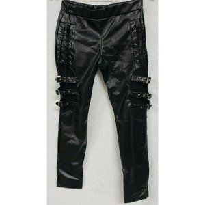 Nihsatin Fishnet Trim Lace Up PU Leather Pants